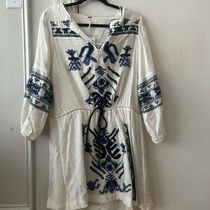 White and Blue Embroidered Tunic Dress
